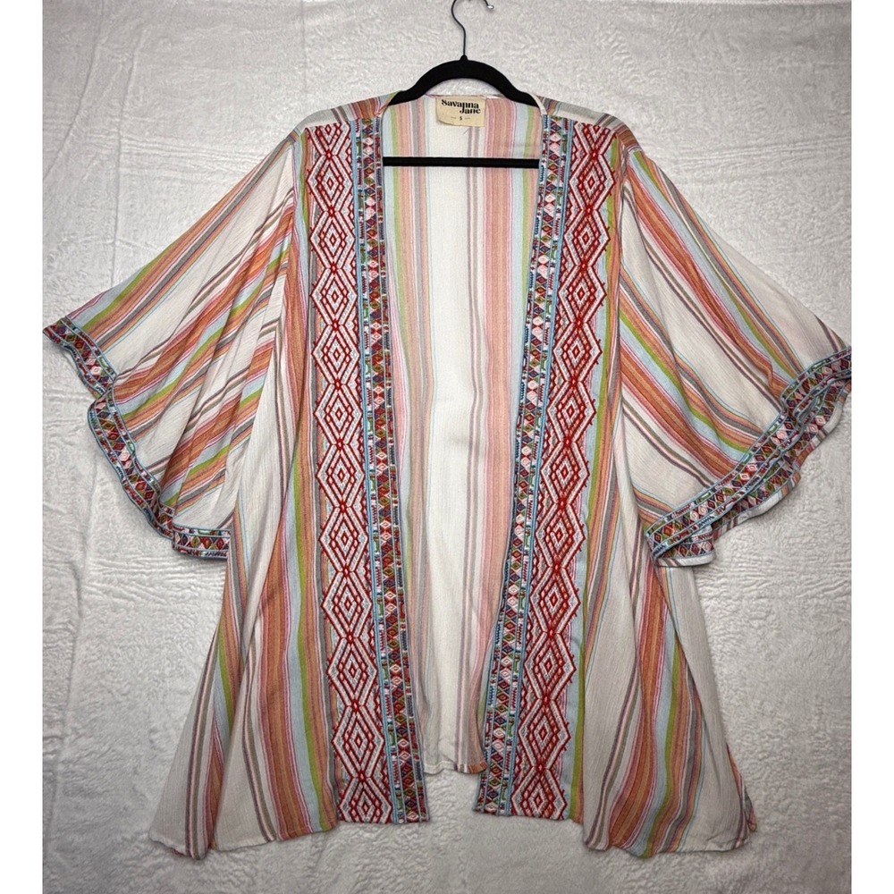 Savanna Jane Embroidered Striped Kimono Open Front Boho Cardigan Multi-Color S